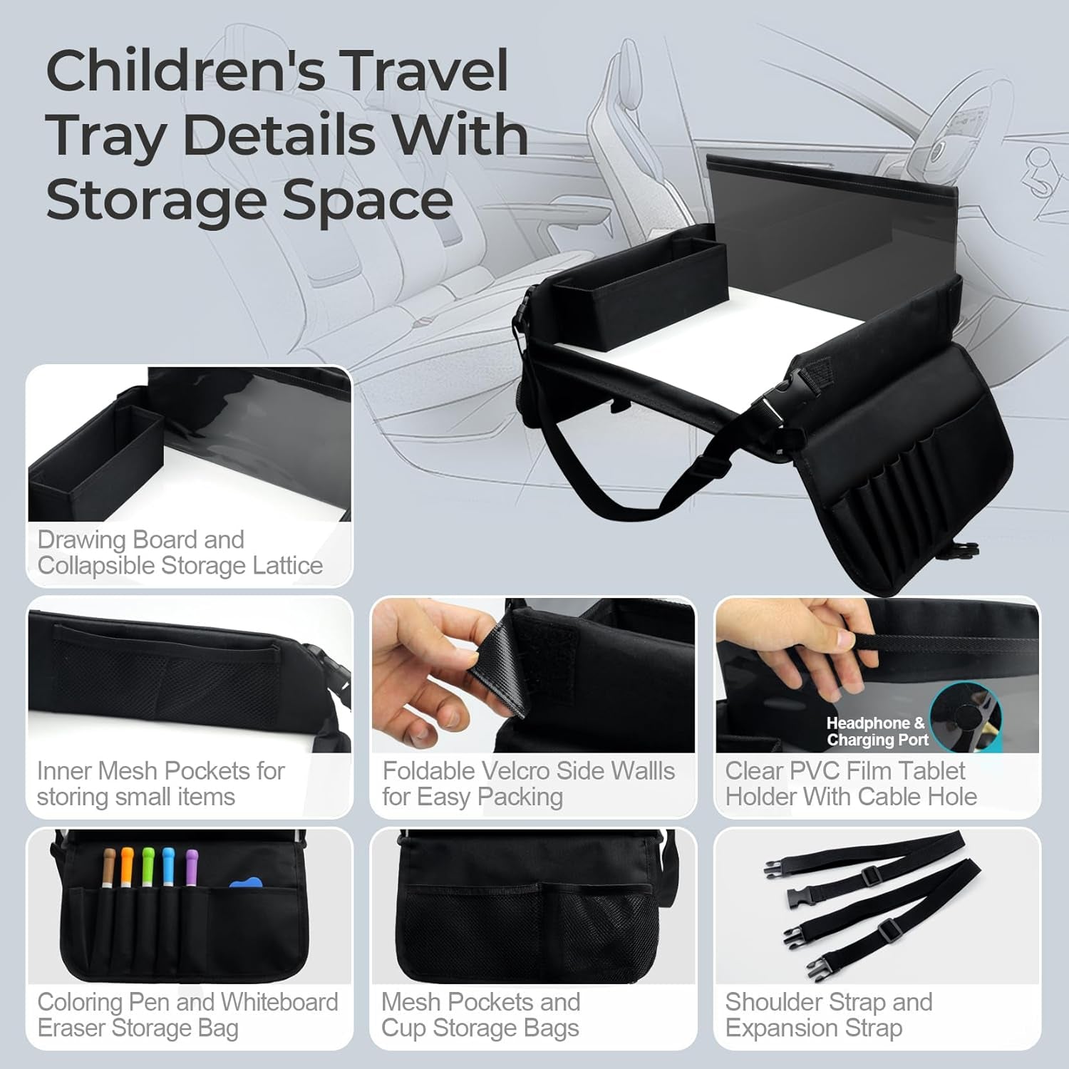 Kids Travel Tray for Car Seat, Carseat Table Tray for Kids Road Trip Activities, Car Trays for Kid Roadtrip Essentials, Toddler Lap Desk Organizer for Airplane - Black