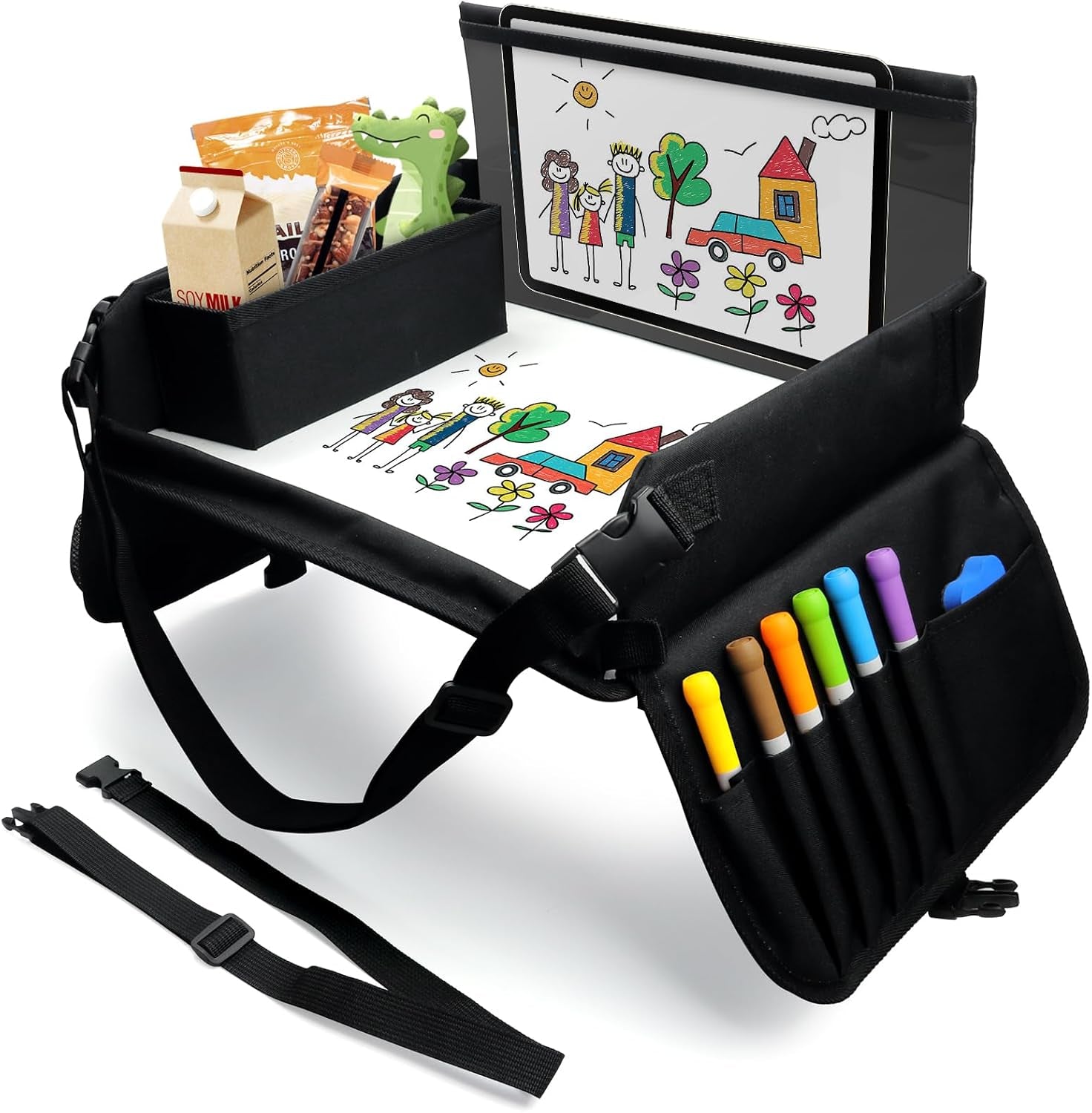 Kids Travel Tray for Car Seat, Carseat Table Tray for Kids Road Trip Activities, Car Trays for Kid Roadtrip Essentials, Toddler Lap Desk Organizer for Airplane - Black