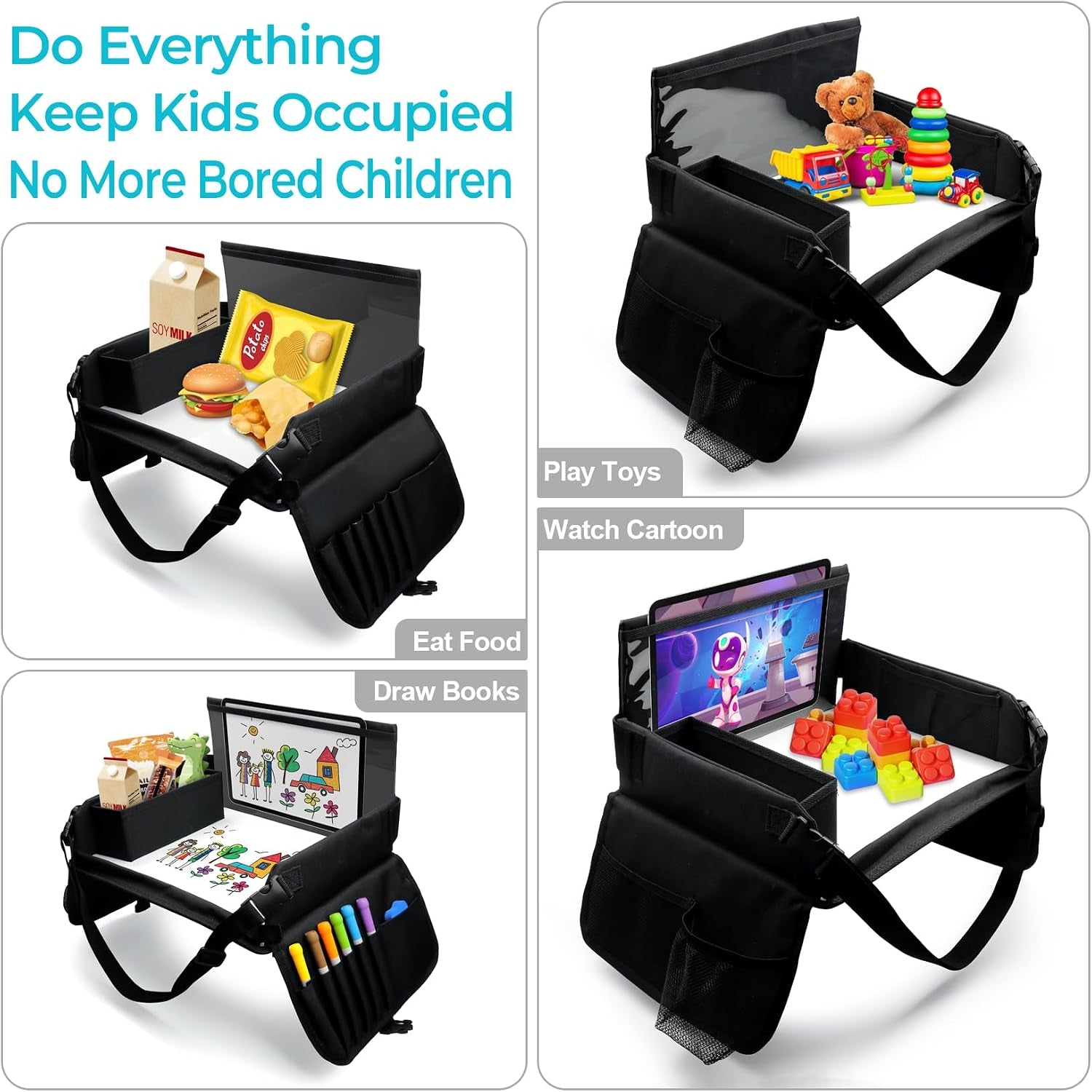 Kids Travel Tray for Car Seat, Carseat Table Tray for Kids Road Trip Activities, Car Trays for Kid Roadtrip Essentials, Toddler Lap Desk Organizer for Airplane - Black
