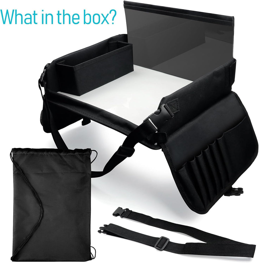 Kids Travel Tray for Car Seat, Carseat Table Tray for Kids Road Trip Activities, Car Trays for Kid Roadtrip Essentials, Toddler Lap Desk Organizer for Airplane - Black