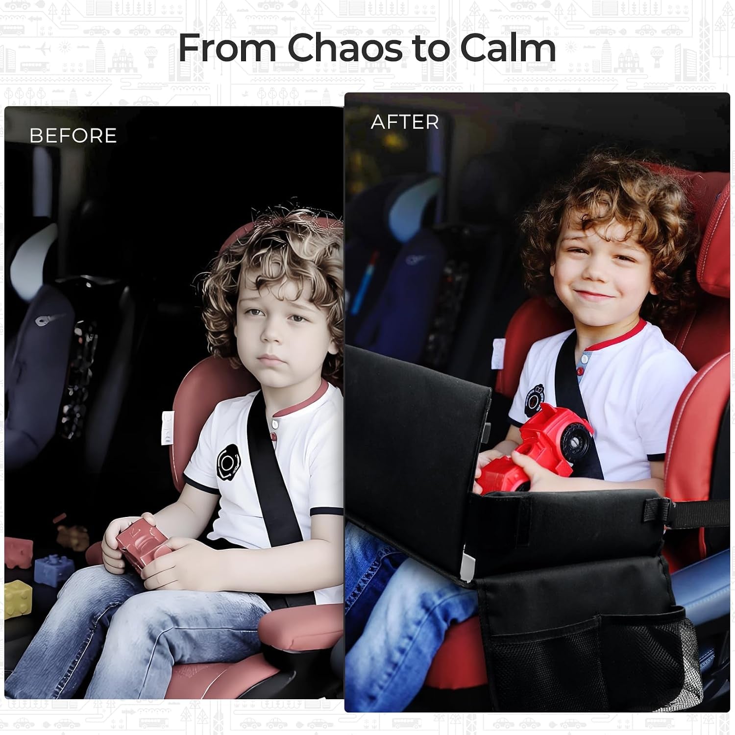 Kids Travel Tray for Car Seat, Carseat Table Tray for Kids Road Trip Activities, Car Trays for Kid Roadtrip Essentials, Toddler Lap Desk Organizer for Airplane - Black