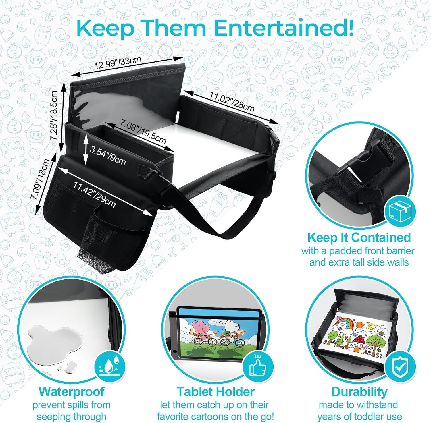 Kids Travel Tray for Car Seat, Carseat Table Tray for Kids Road Trip Activities, Car Trays for Kid Roadtrip Essentials, Toddler Lap Desk Organizer for Airplane - Black