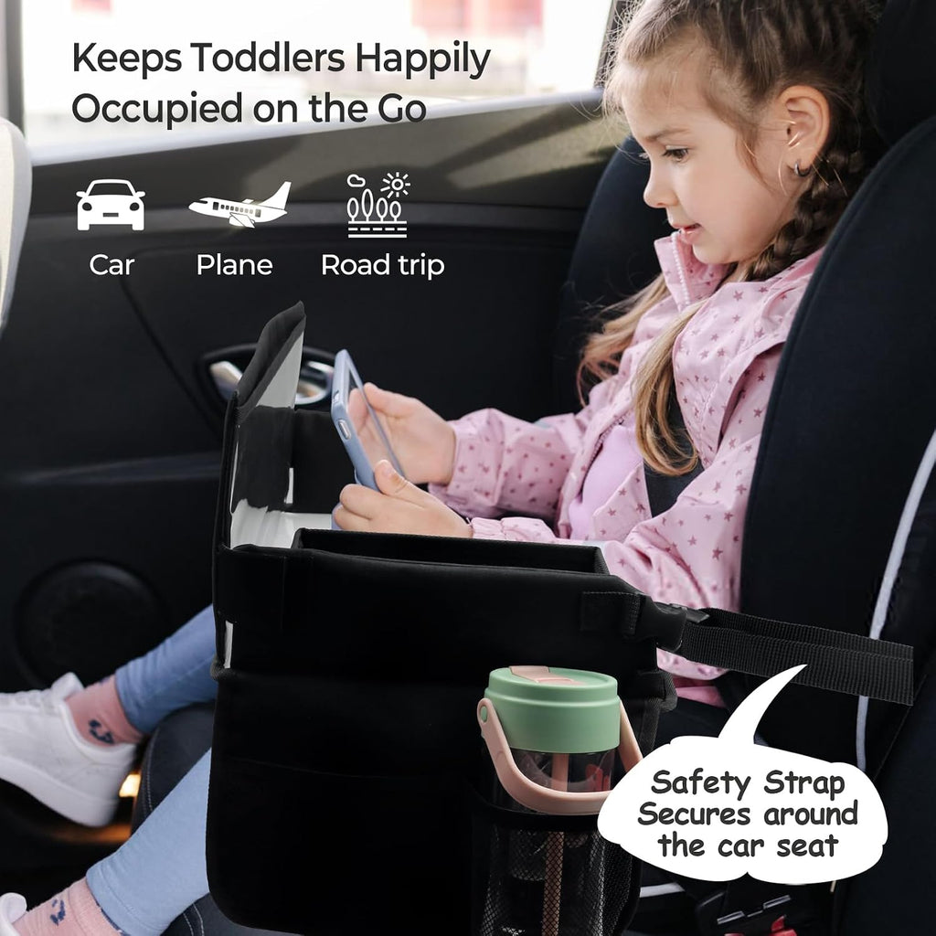 Kids Travel Tray for Car Seat, Carseat Table Tray for Kids Road Trip Activities, Car Trays for Kid Roadtrip Essentials, Toddler Lap Desk Organizer for Airplane - Black