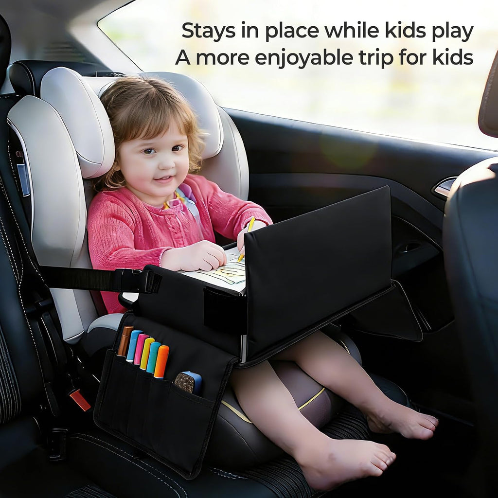 Kids Travel Tray for Car Seat, Carseat Table Tray for Kids Road Trip Activities, Car Trays for Kid Roadtrip Essentials, Toddler Lap Desk Organizer for Airplane - Black
