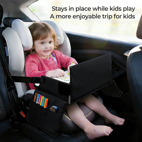 Kids Travel Tray for Car Seat, Carseat Table Tray for Kids Road Trip Activities, Car Trays for Kid Roadtrip Essentials, Toddler Lap Desk Organizer for Airplane - Black